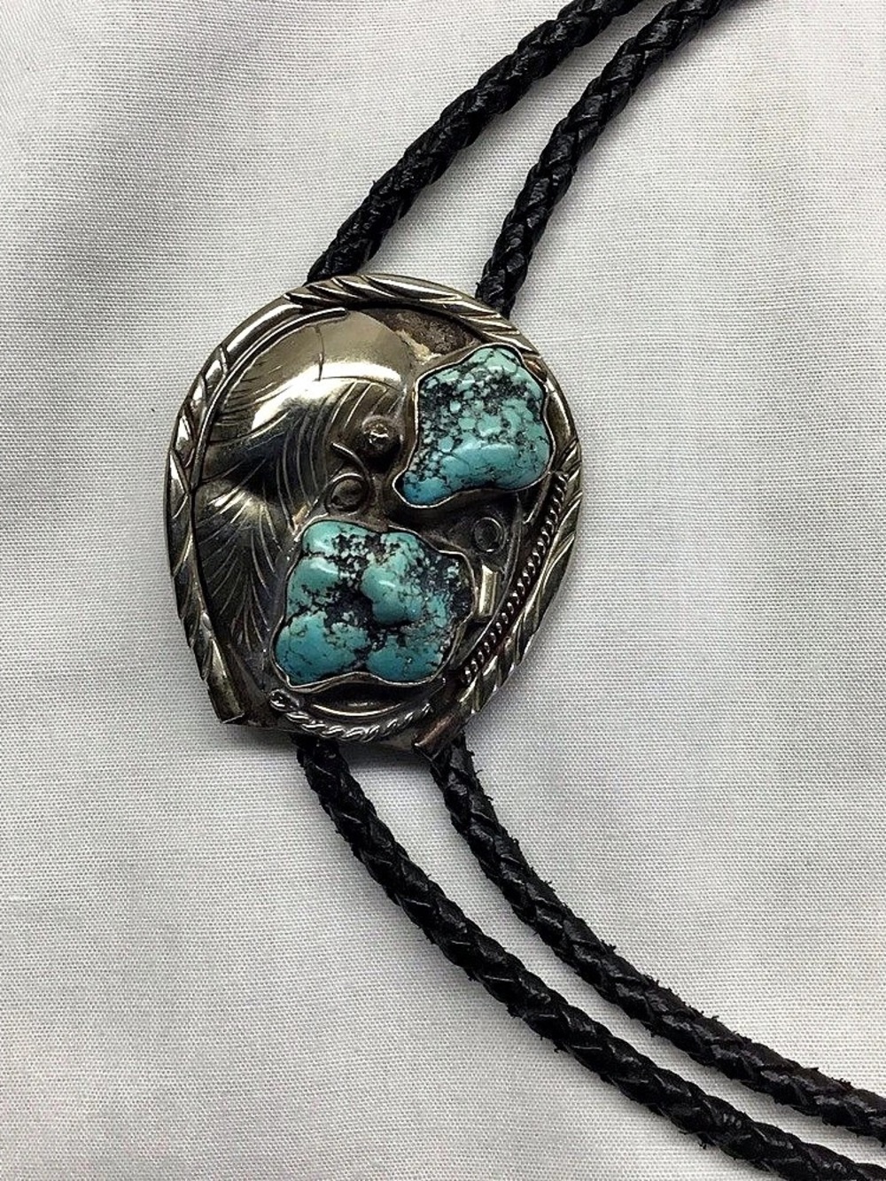 Vintage Native American Bolo Tie Sterling Silver with 2 Turquoise stone accents